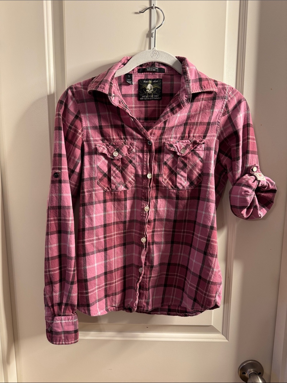 Women’s small one clothing Pink and Black Plaid Button-Up Shirt